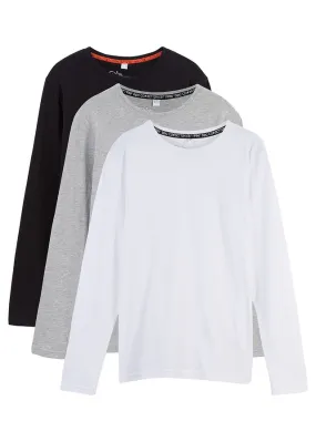 Camiseta infantil de manga larga de algodón orgánico (3 unidades) Negro-gris claro jaspeado-blanco